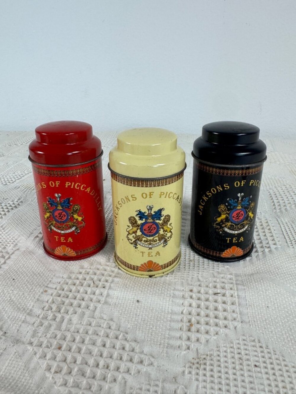Jacksons Of Piccadilly Tea Tin Set Of 3 Metal Containers Red Yellow Black Tins